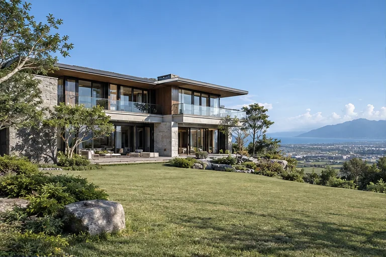 曦隱山居外觀與草地山景